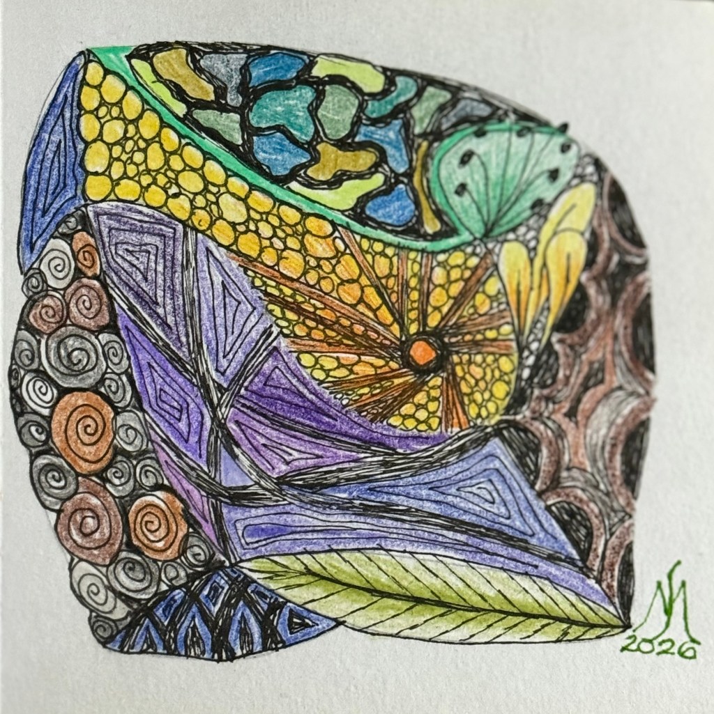 Zentangle inspired drawing with watercolor pencil colors. 